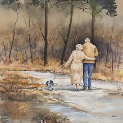 Old Couple Walking With A Dog