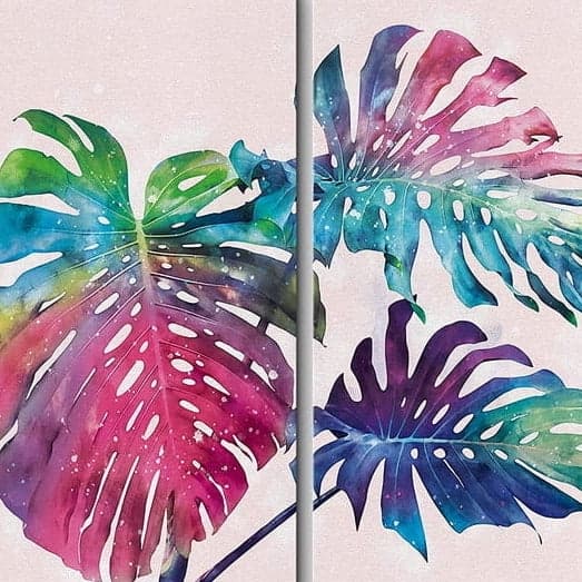 Rainbow Monstera Leaf Painting 523 × 523
