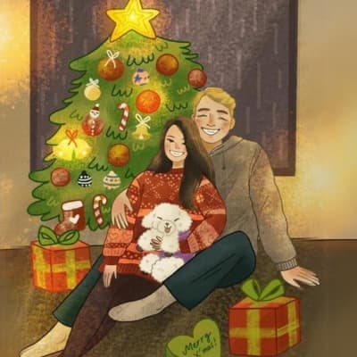 Couple Sitting with the Christmas Tree