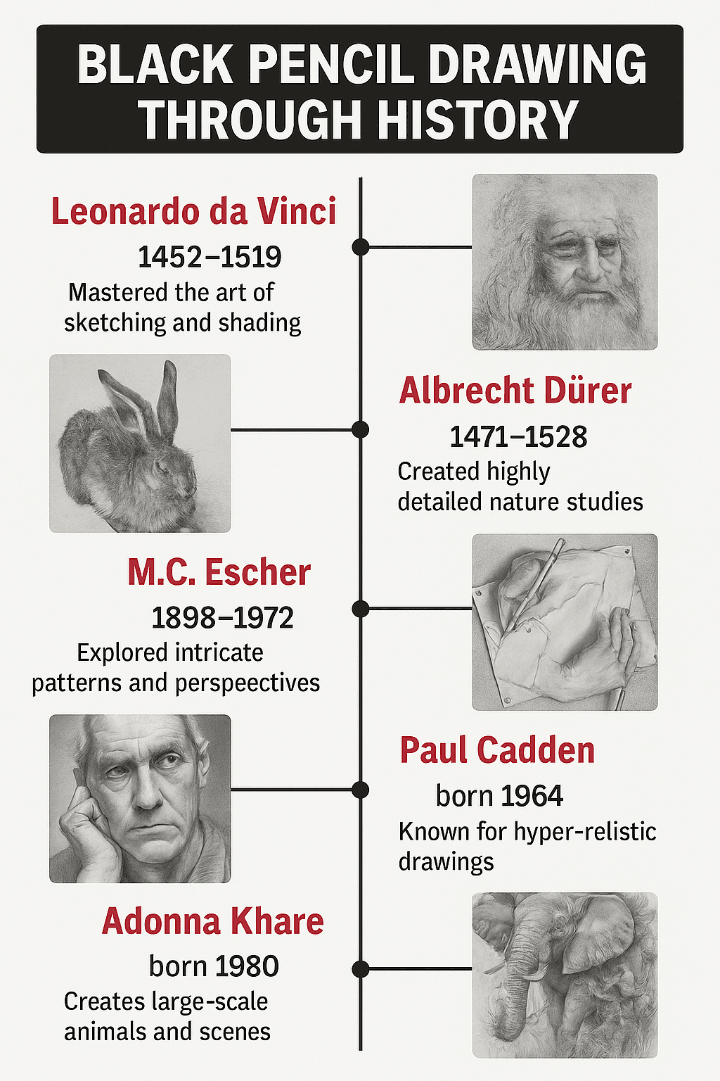 Black pencil drawing through history