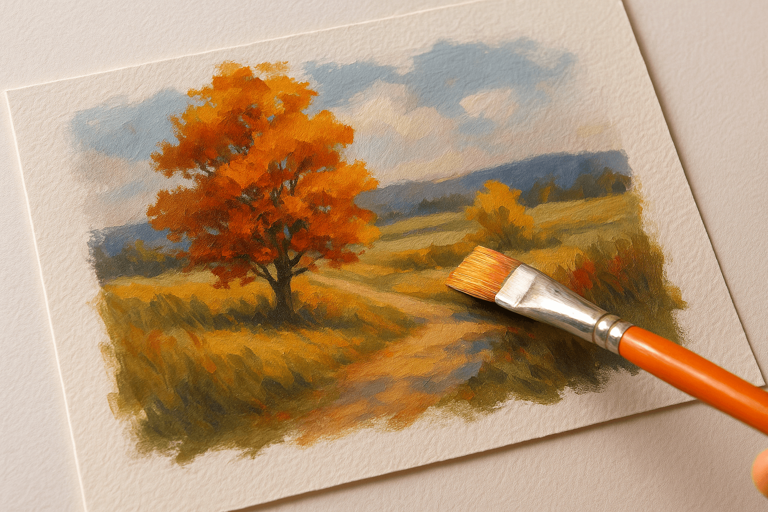 Person Painting an Oil Landscape on a Paper