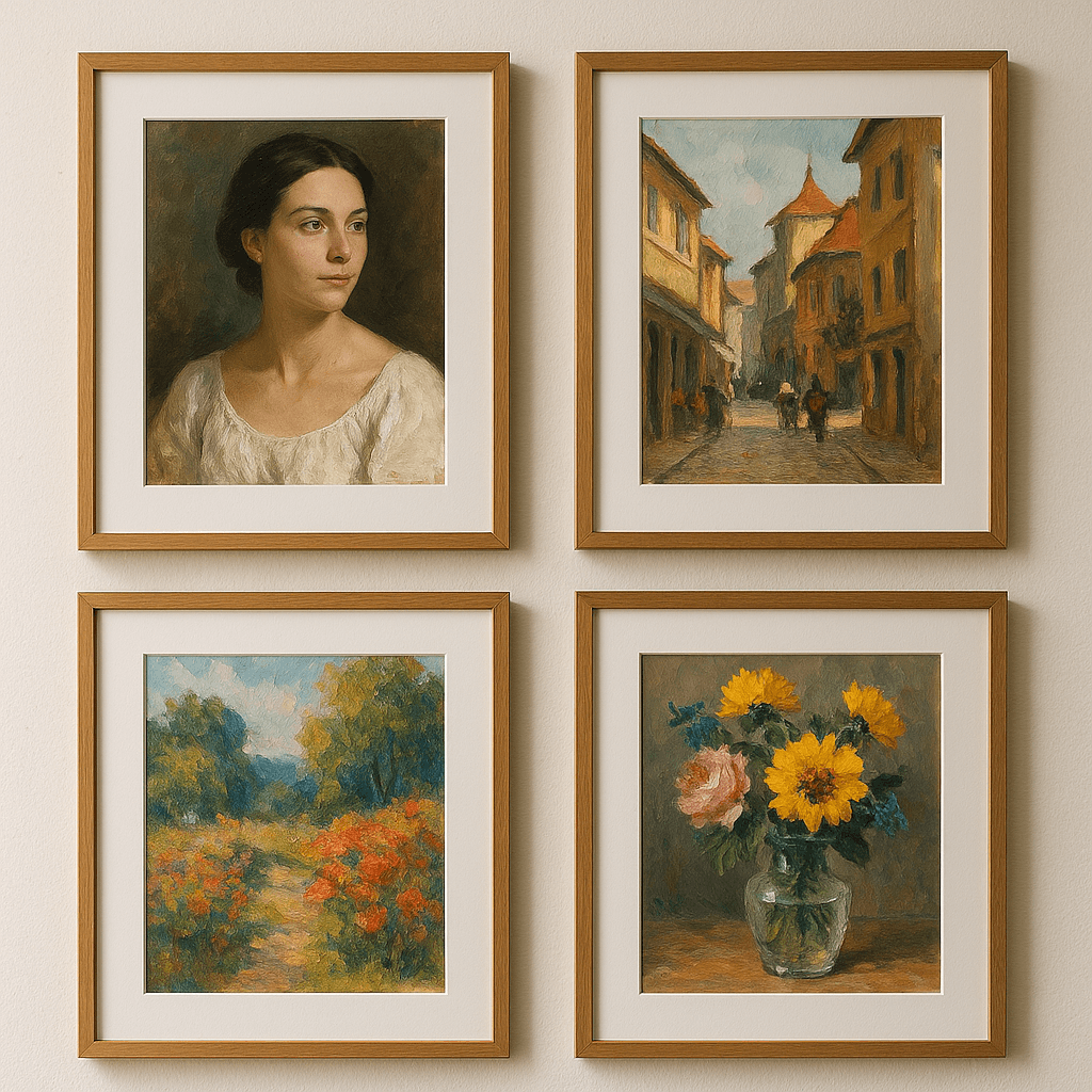 Oil Paintings on Paper, Varnished and Framed